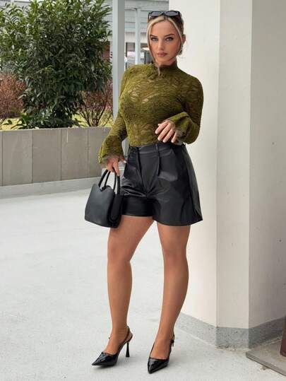 Jeta Ari Women's Velvet Lace Fabric With Mesh Cuffs, Double-Layered Flared Cuffs, Slim Fit, Elegant Everyday Style, Green Long-Sleeved Base Layer Top. Fall Clothes For Women, Fall Autumn Outfits For Women. Lace Long Sleeve Top Lace Blouse Olive Green Tops Lace Shirts