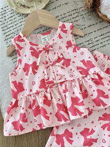 LMoss Kids Bộ đồ 2 món LMoss cho bé gái, gồm áo cổ tròn kẻ sọc trang trí nơ và quần legging, bộ đồ hai mảnh cho bé gái mùa hè, bộ đồ 2 mảnh màu hồng in hình nơ. - Nhiều màu - Xem 3