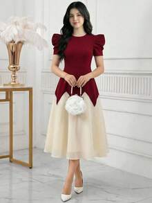 SHEIN Đầm dạ hội thanh lịch dáng chữ A tay phồng bằng vải organza trắng phối màu đỏ tía dành cho thiếu nữ. - Màu Đỏ Sâu - Xem 5