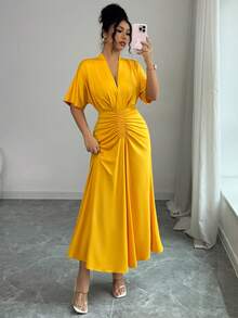 SHEIN Elenzya Elegant Romantic V-Neck Ruffle Sleeve Pleated Yellow Dress, Suitable For Vacation And Commute - Yellow - View 1