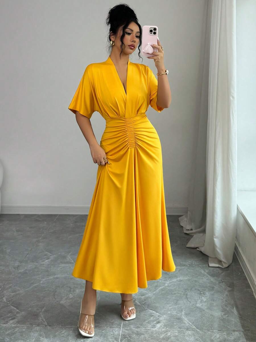 SHEIN Elenzya Elegant Romantic V-Neck Ruffle Sleeve Pleated Yellow Dress, Suitable For Vacation And Commute - Yellow - View 1