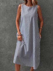 EMERY ROSE Vestido de verano sin mangas de algodón tejido con cuello redondo y rayas para mujeres, con diseño de dos bolsillos en la parte trasera y dobladillo en línea A - Azul y blanco - Ver 6