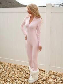 Sydney Algeri Women's Streetwear Solid Color Long Sleeve Half Zip Jumpsuit, Autumn - Pink - View 6