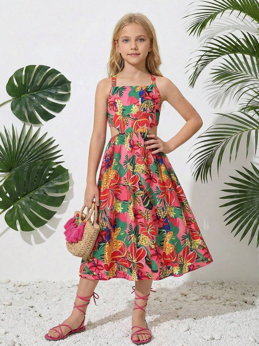 SHEIN Explorewe 1pc Tween Girls' Fashionable Pink Floral Dress,Soft & Comfortable Fabric,Boho Summer Vacation Holiday Style Essential For Various Occasions - Multicolor - View 1