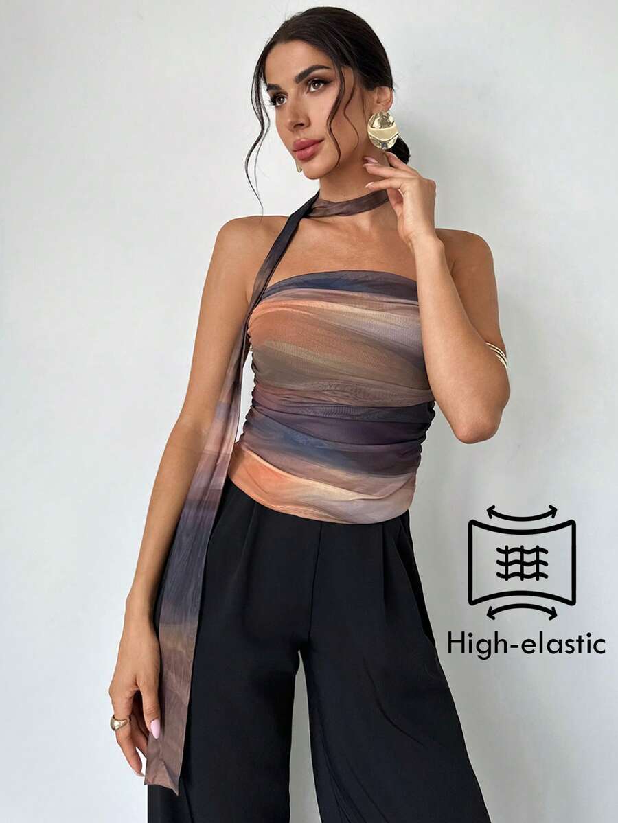 Firerie 女士优雅浪漫扎染印花荷叶边露肩上衣