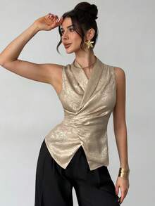 Firerie 女士优雅简约高贵时尚通勤都市风新款翻领裹腰带金属镀金无袖衬衫上衣 - 金色 - 查看 3