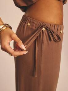 Aralina Two Piece Vacation Festival Jersey Stretch Summer Spring Swim Beach Cover Up Off Shoulder T-Shirt Top Pull On Pant 2 Piece Chocolate - Coffee Brown - View 5