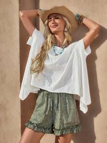 Wildy Camiseta holgada de mujer de manga de murciélago de unicolor, estilo occidental country estadounidense bohemio, uso básico diario para exteriores y transporte, primavera/verano - Blanco - Ver 2