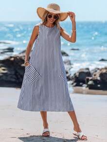 Sylviya 女式圆领条纹棉质编织连衣裙，双口袋，A 字下摆，夏季 - 藍色 - 查看 3