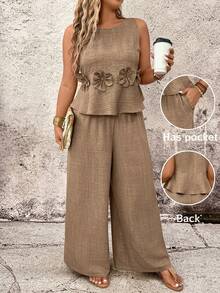 EMERY ROSE Plus Size Round Neck Sleeveless Cropped Floral Top And Loose Fit Pants 2 Pieces Set - Mocha Brown - View 6