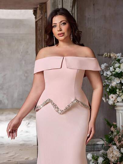 Aureia Plus Size Elegant Romantic Pink Off-Shoulder Mermaid Hem Dress With Elastic Mesh Inset, Pearl & Rhinestone Decor, Suitable For Wedding, Party, Holiday, Formal Occasion (Heavily Decorated)