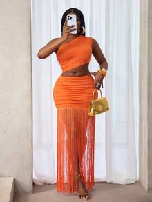 BamGleam 性感露肩时尚上衣 + 橙色流苏百褶裙套装 - 橘色 - 查看 5