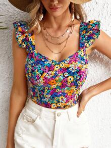Soleia WYWH 女士春假花卉印花露背荷叶边短款上衣 - 彩色 - 查看 5
