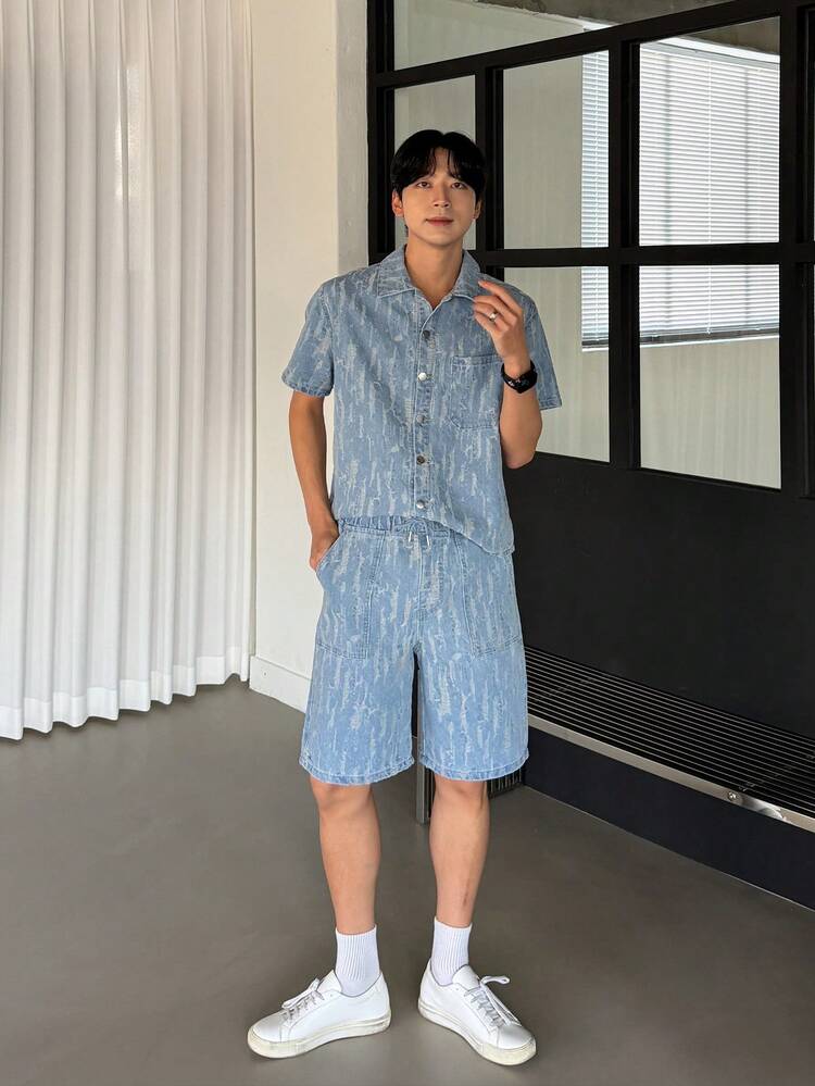 Men's Summer Short Sleeve Shirt And Shorts Denim Suit, Textured Fabric