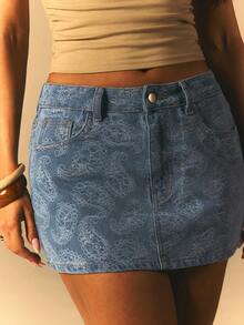 Athîral 女士休闲度假佩斯利提花牛仔蓝半身裙 - 中等水洗藍 - 查看 2