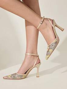 CUCCOO CHICEST Damskor Spetsiga Bröllopsbankett Fest Eleganta Blommor Höga Klackar - Guld - Visa 3