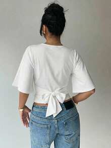 Aloruh Women's Casual Elegant Versatile T-Shirt / White T-Shirt / Loose Top Tight Bottom T-Shirt / Summer Top / Classic T-Shirt - White - View 2