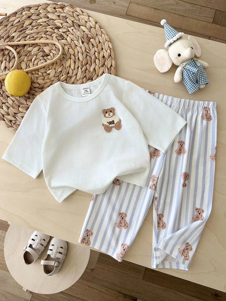 LMoss Kids 2件套男婴针织纯色小熊图案圆领休闲T恤和裤子家居服套装 - 彩色 - 查看 1