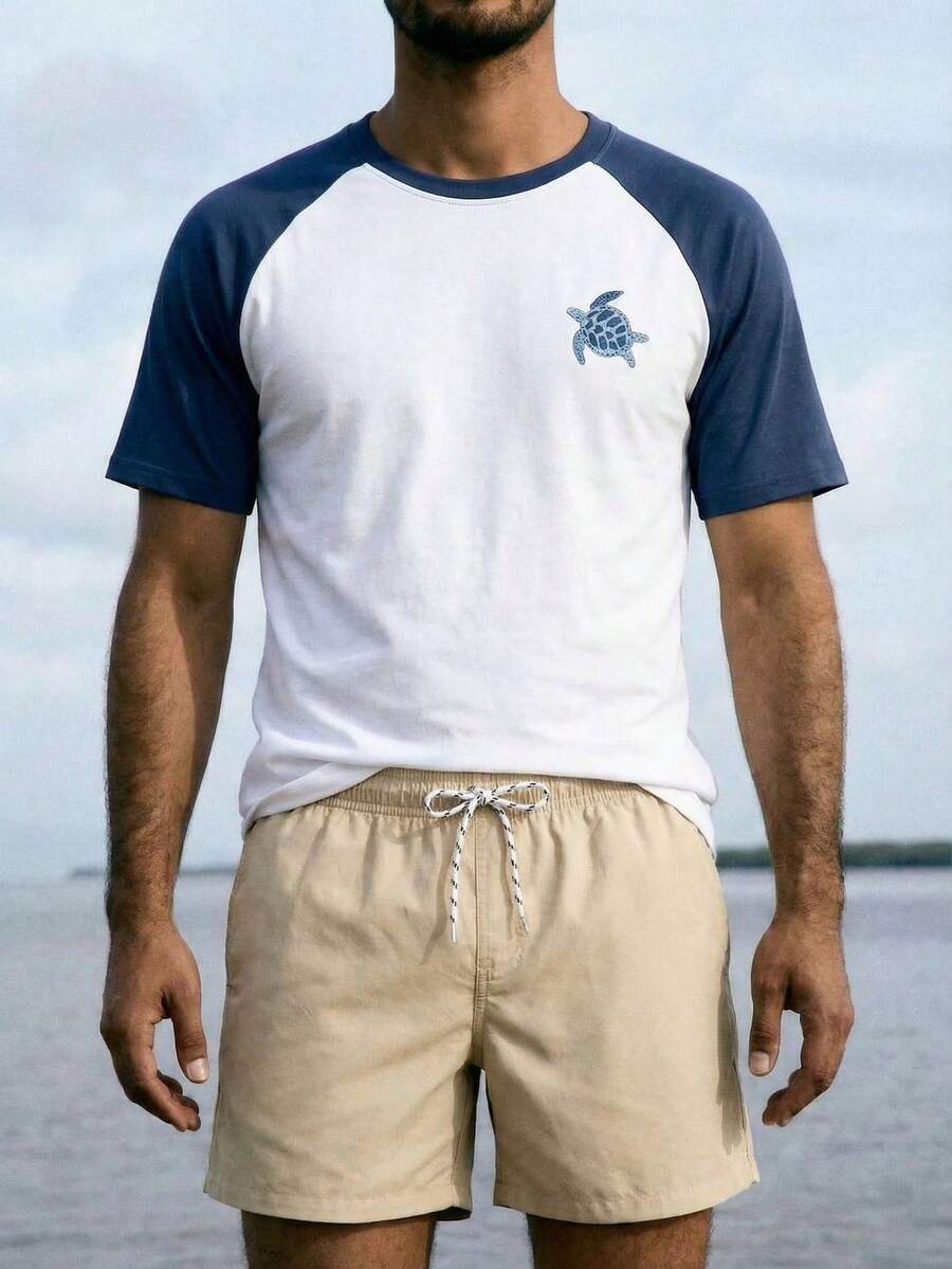 Surfspeed 海军蓝和白色拼接徽标男士插肩袖 T 恤,带有海龟图案,适合夏季 - 彩色 - 查看 1