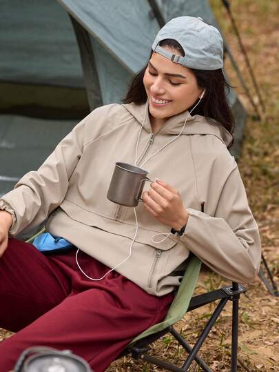 Exploreva 女士休闲运动简约纯色半拉链连帽插肩袖户外夹克