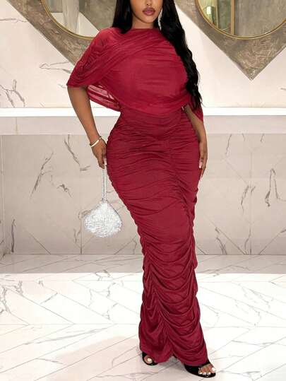 Veslaya Vestido largo elegante y sexy para fiesta/cita/reunión/cumpleaños/boda/graduación/baile de graduación/festival de música/noche de chicas. Vestido largo de punto elástico con inserciones de malla transparente, cuello en V, cintura cruzada y fruncido, en color rojo sólido y romántico, talla grande - Z