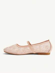 CUCCOO CHICEST Women Shoes Four Seasons New Embroidery Faux Pearl Low Vamp Square Toe Flat Sole Shoes Elegant Elegant Fashion Mesh Women's Flat Shoes Soft Sole Ballet Shoes Elegant Commuter Mary Jane Shoes Wedding Shoes Spring Shoes Bride Shoes - Light pink A - View 5