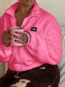 Tyla Gomez 秋冬字母贴片口袋落肩泰迪熊卫衣 - 玫紅色 - 查看 5