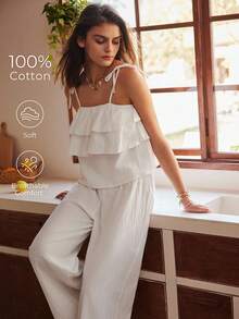 Bohemian Style 100% Cotton Camisole Pajama Set For Women - White - View 3