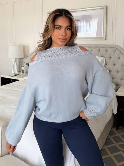 Maria Perezxox Women's Loose Hollow Out Drop Shoulder Long Sleeve Casual Sweater, Autumn