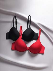 2pcs/Set Simple Solid Color Underwire Padded Push Up Bras - Multicolor - View 1