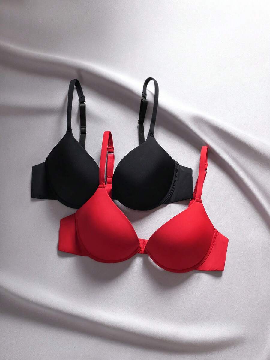 2pcs/Set Simple Solid Color Underwire Padded Push Up Bras - Multicolor - View 1