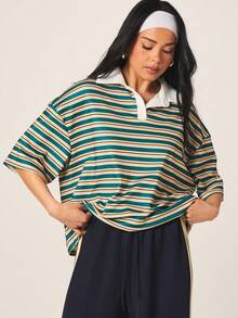 MISSGUIDED Women's Oversized Striped Polo Short Sleeve Collared Top With Horizontal Multi Color Pattern Casual Summer Retro Vintage Style Teal Cream - Green - View 1