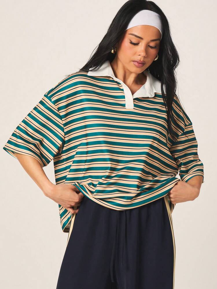 MISSGUIDED Women's Oversized Striped Polo Short Sleeve Collared Top With Horizontal Multi Color Pattern Casual Summer Retro Vintage Style Teal Cream