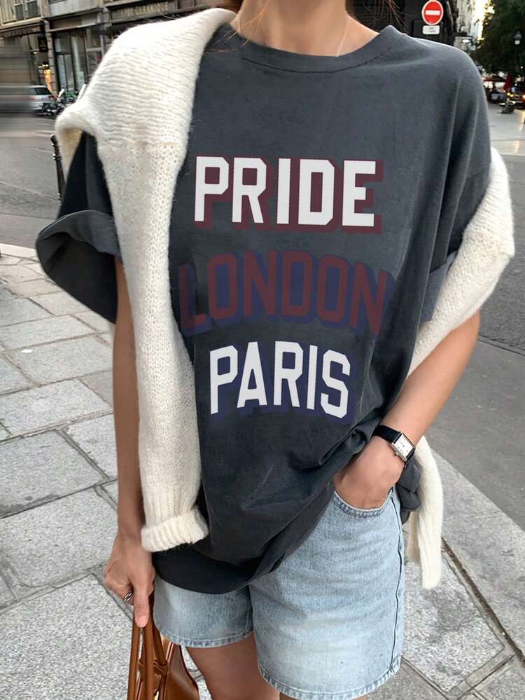 Women's Round Neck Letter Print Casual Versatile Daily Wear Short Sleeve T-Shirt Graphic Tees Women Oversized