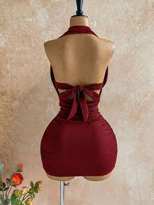 Soleia Women's Solid Color Sequin Halter Tie Ruched Sexy Mini Dress For Dates & Parties ,Summer Dress - Burgundy - View 2