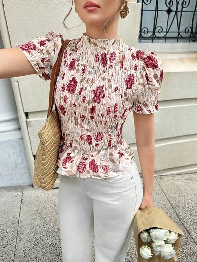 SHEIN Frenchy Women's Floral Smocked Peplum Blouse – Puff-Sleeve Shirred High-Neck Top For Cottagecore & Boho Everyday Style Floral Smocked Top Puff Sleeve Blouse Shirred Peplum Shirt Cottagecore Floral Outfit Vintage-Inspired Blouse Boho Chic Tops Romantic Fall Fashion Stand Collar Raglan Short Sleeve Ruffle Hem Ditsy Floral Blouse, Summer Tops Summer Outfits Beach Outfit Going Out Tops Elegant Women's Blouses Floral Blouses Floral Tops For Women Ditsy Floral Top Puff Sleeve Top Women Floral Blouses For Wome