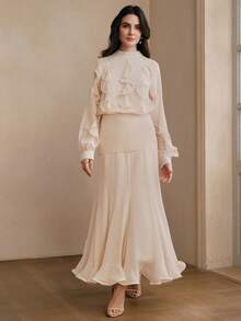 Đầm dự tiệc mùa hè mới của Anewsta, kiểu dáng lãng mạn, cổ chữ V, chất liệu chiffon, tay dài, xếp ly, phối họa tiết, dáng xòe, chất liệu patchwork, dành cho nữ. - Màu be - Xem 4