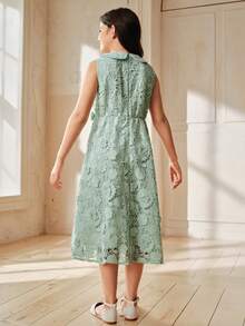 Anewsta Spring/Summer New Arrival Peter Pan Collar Princess Dress, Lace Overlay Big Girls Dress - Mint Green - View 2