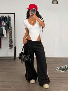SHEIN EZwear 女士性感简约纯色深V领短袖高低摆连体衣，夏季 - 白色 - 查看 6