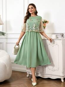 Reflora Đầm xòe ngắn tay cổ tròn thêu ren lưới thanh lịch dành cho nữ cỡ lớn - màu xanh lá - Xem 6