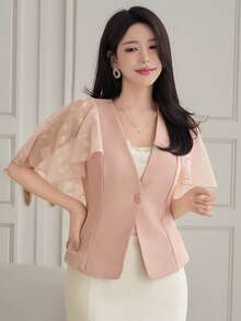 DAZY Women's Elegant Lace Patchwork V-Neck Ruffle Sleeve Blazer Jacket, Summer - Pink - View 6
