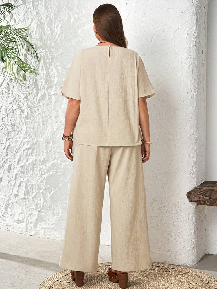 2pc Set  Plus Size Women's Summer Casual Vacation Country  Solid Color Khaki Off-Shoulder Short Sleeve Lace Collar Linen Top And Pants 2-Piece Set With Pockets, Spring/Summer,Summer\Vacation,Summer Holiday,Spring Break Outfits ,Vacation Outfits Women ,Holiday Outfits For Women,Going Out Outfits,2026 New Clothes,Simple And Fashionable For Everyday Wear,Suitable For Summer, Vacation, Daily Wear,Modest Two Piece Set, Plus Size Summer Sets,Plus Size Pants Set,Boho Set,Boho Pants Set For Women,Wide Leg Pants Set,2 Piece Casual Sets Woman, Short Sleeve Two Piece Set,Two Piece Set Women Comfy