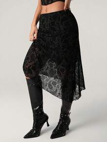 SHEIN ICON Chân váy nữ kiểu dáng thường ngày, cạp chun, chất liệu lưới màu hạt điều, vạt bất đối xứng. - màu đen - Xem 1