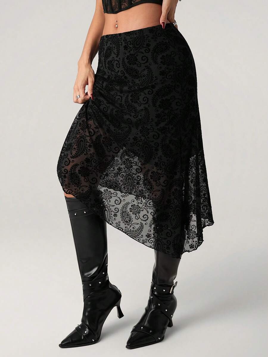 SHEIN ICON Chân váy nữ kiểu dáng thường ngày, cạp chun, chất liệu lưới màu hạt điều, vạt bất đối xứng. - màu đen - Xem 1