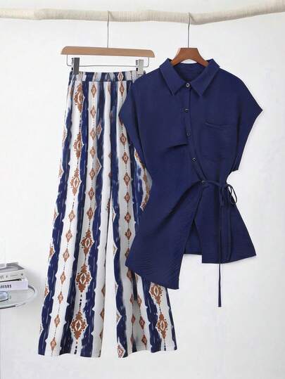 Franclia Plus Size Casual Asymmetrical Tie-Up Waist Short Sleeve Shirt + Minimalist Print Pants 2-Piece Set