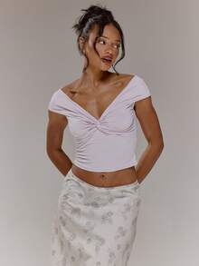 MUSERA Off The Shoulder V Plunge Twist Front Fitted Top Cute Spring Occasion Girly Sexy Going Out Mothers Day Soft Bloom Summer Holiday Casual Elegant - Purple - View 5