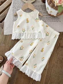 LMoss Kids Bộ đồ 2 món cho bé gái, gồm áo không tay cổ tròn và quần dài họa tiết hoa nhí xếp ly dễ thương. - Nhiều màu - Xem 2