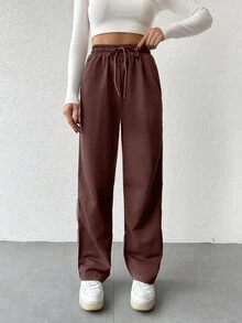 EURMUSE Women's Elastic Waist Drawstring Side Stripe Straight Loose Sweatpants - Brown - View 6