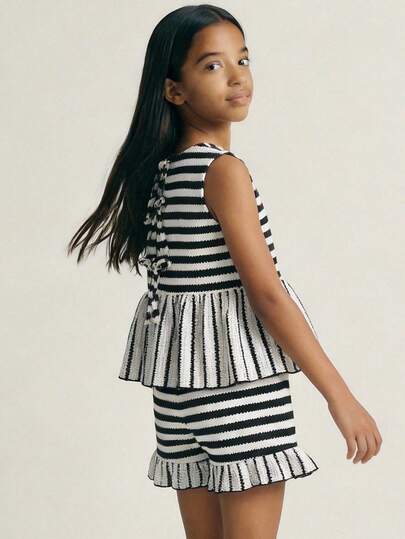 Maija Kids Maija Kids 2pcs Tween Girls Casual Vacation Fashion Black & White Striped Patchwork Loose Fit Camisole And Shorts Set, Suitable For Casual Outings, Travel, Gatherings, Festivals, Summer, Spring