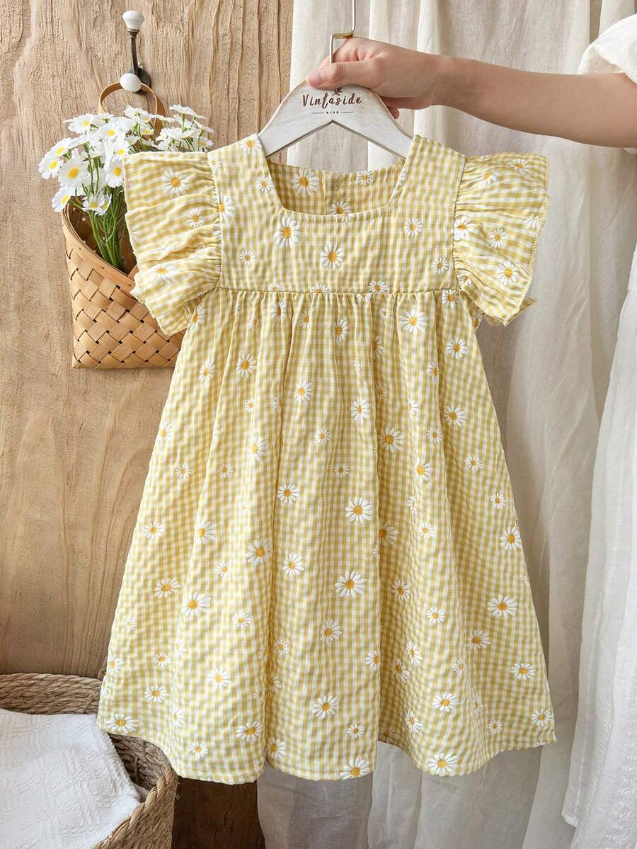 Vintaside Kids 女童夏季甜美清新雏菊印花荷叶边A字连衣裙，宽松版型，适合日常外出、休闲旅行、家庭聚会、夏季野餐等场合。 - 彩色 - 查看 1